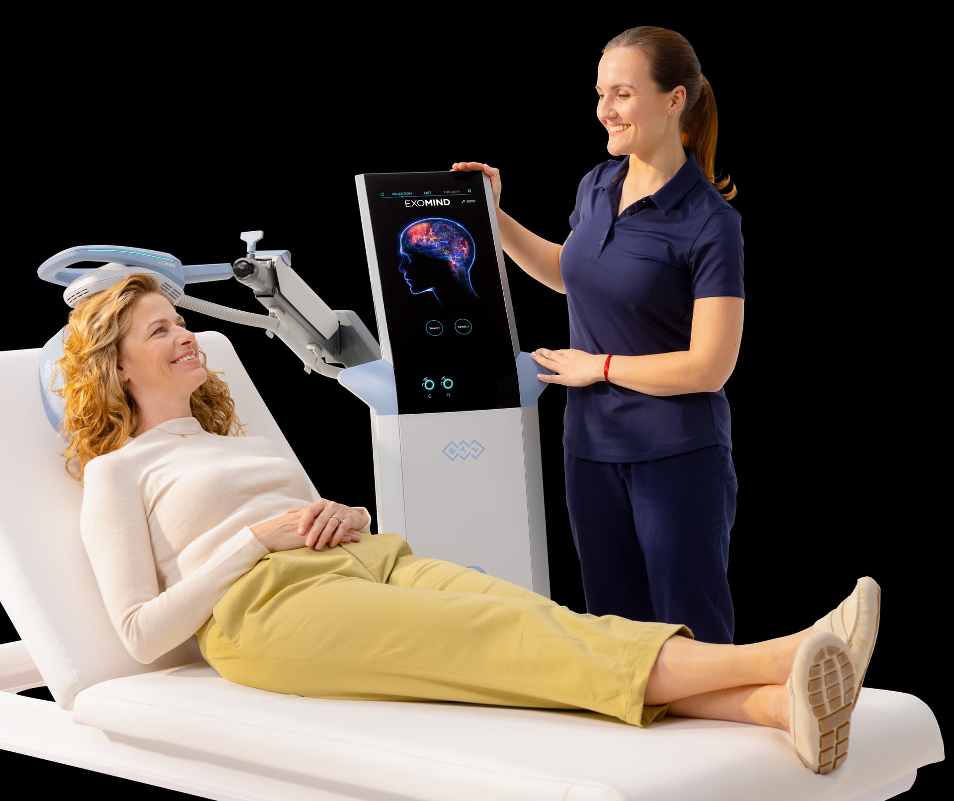 Person receiving Exomind TMS treatment on a clinic bed